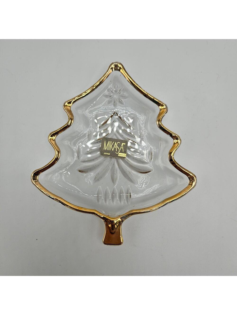 Vintage Mikasa Glass Crystal Christmas Tree Trinket Candy Dish Gold Trim No Box